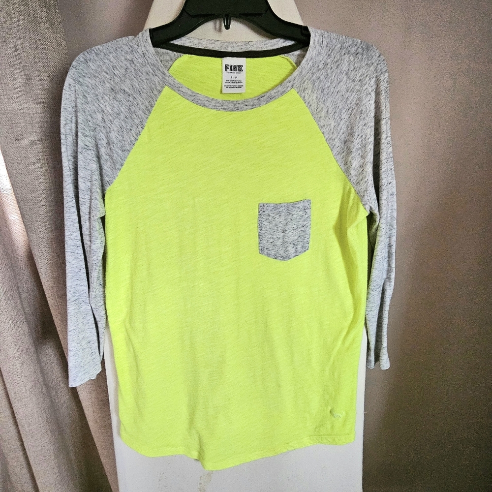 Neon Yellow & Heather Grey PINK Henley 3/4 Length Sleeve Shirt